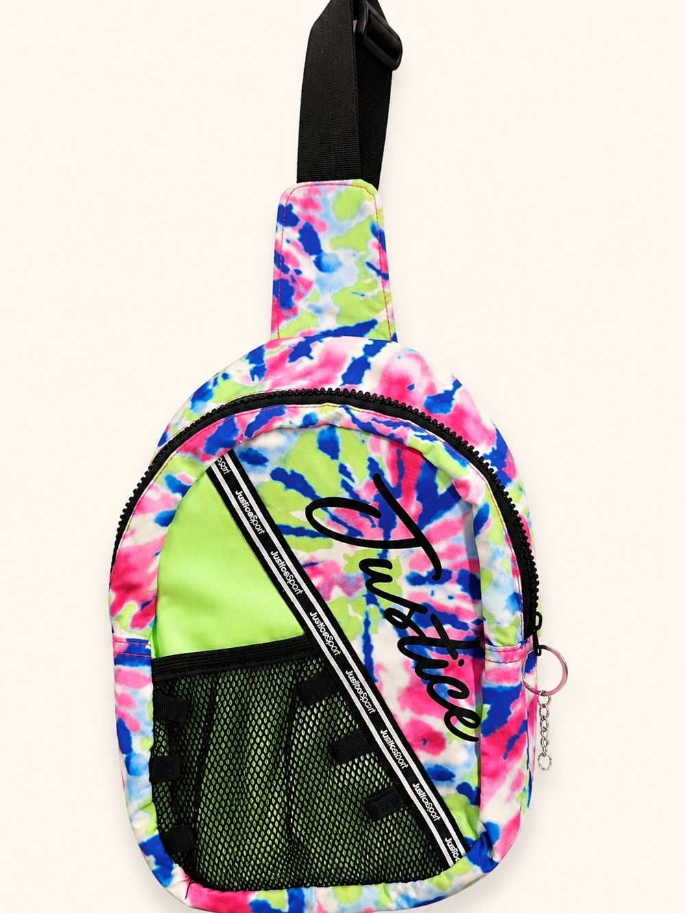 Justice Sport Tie Dye Sling Backpack Crossbody Bag Pink Blue Green Mesh Pocket